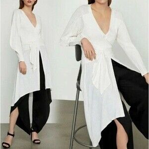 BCBGMaxAzria NEW Asymmetric Tie-Front Long Sleeve Tunic Top Coat Off White Sz M